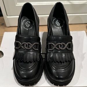 Black Loafers with Chunky Heel and Platform w/ Silver Chain Detail